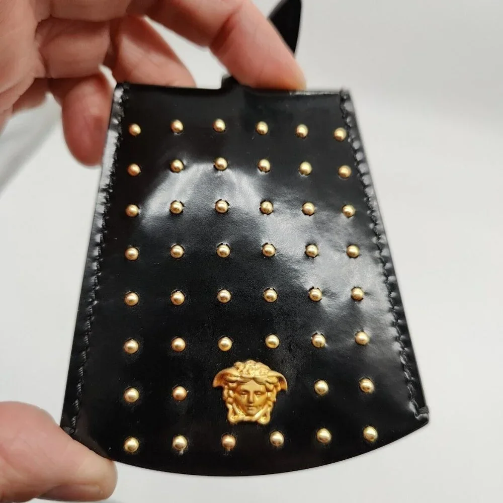 Versace Medusa Black Leather Gold Medusa Luggage Tag Name ID Address Bag Studded
